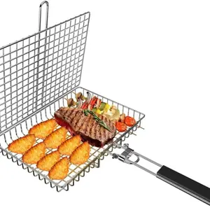 Portable Folding BBQ Basket, Large Capacity Grill Rack for Fish, Vegetables, Shrimp, Camping Picnic Essential, Surpzon Brand