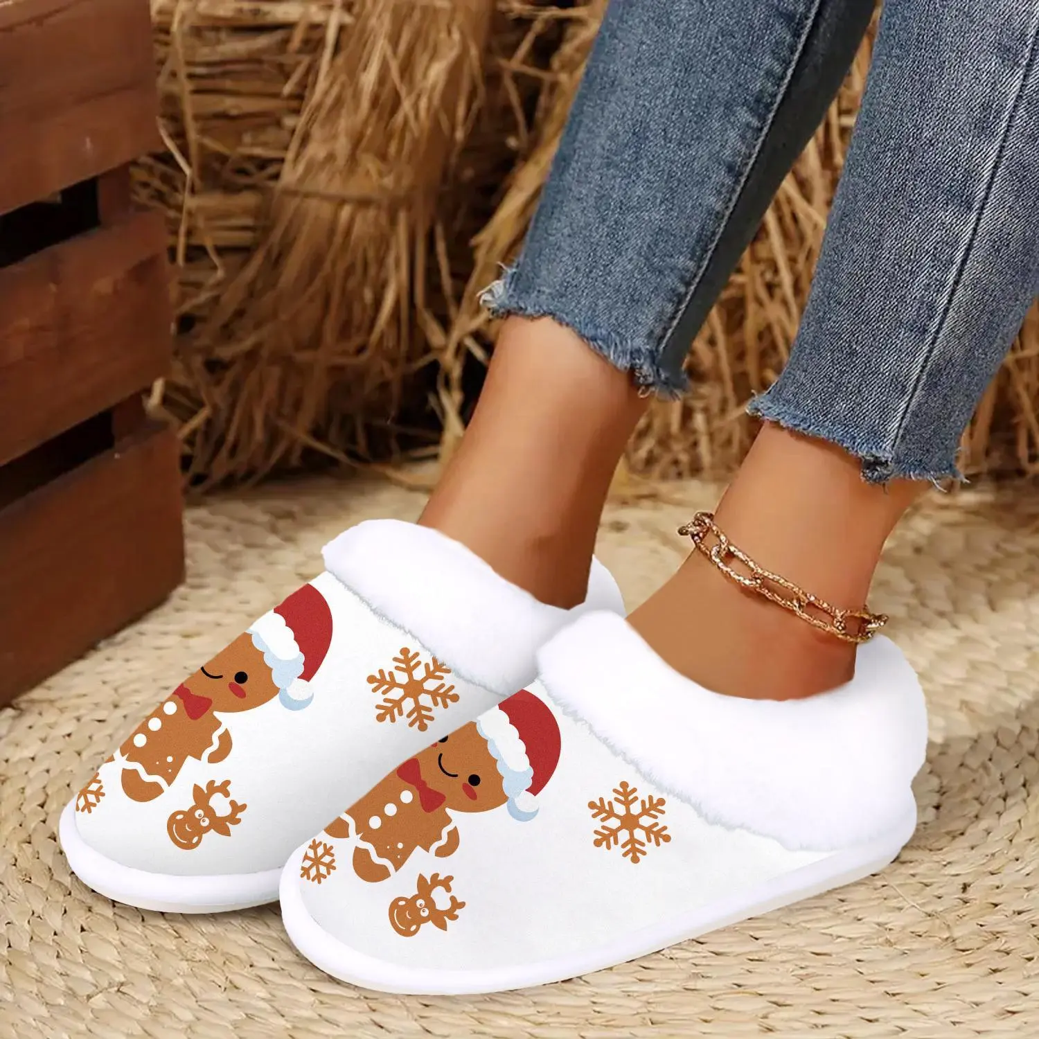 Christmas Gingerbread Man Figure Slip-On Closed-Toe House Shoes, Casual Flannel Indoor Slippers with Soft Fuzzy Fabric, Non-Slip Rubber Sole, Machine Washable