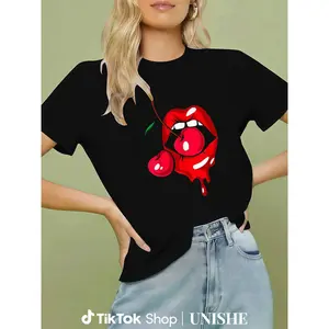 Classic Cotton Crewneck Tee for Women – Vintage Red Lips and Cherries Print, Summer Ready