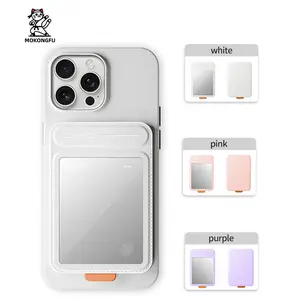Magnetic & Universal Ultra-Thin Card Holder with Stainless Steel Mirror - RFID Blocking, Strong Magnet for iPhone & Non-Magnetic Phones, White/Pink/Purple
