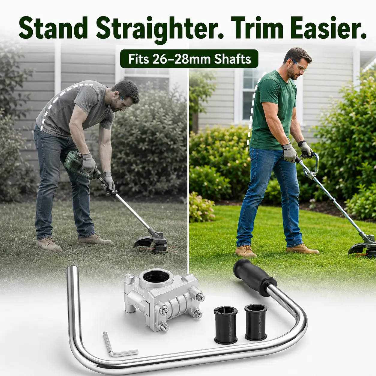 String Trimmer Auxiliary Handle, Ergonomic Metal Support Grip for 26–28mm Straight Shaft Weed Eaters, Adjustable Replacement Handle for Better Control