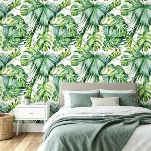 Peel & Stick Jungle Leaf Wallpaper, Aesthetic Watercolor Monstera Print, Removable for Bedroom Decor, No Residue, Mould-Proof