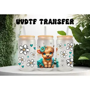 UVDTF Wrap Highland Cow Teal Tutu Daisy 16oz Can Glass Mug Tumbler Wrap, Ready to apply, Permanent Adhesive