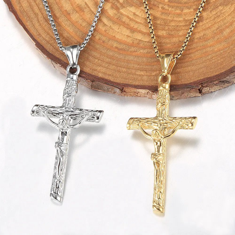 Hermah Small Christian/Jesus Cross Pendant Necklace Silver/Gold/Black Color Stainless Steel Curb/Box Chain for Male Female Jewelry Christmas