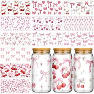 Glenmal 12 Sheets Coquette UV DTF Cup Wrap Stickers Pink Bow UV DTF Cup Wraps Transfer Stickers for DIY Craft Decorations for 16 oz Glass Water Bottle(Classic) Stickers Cropped