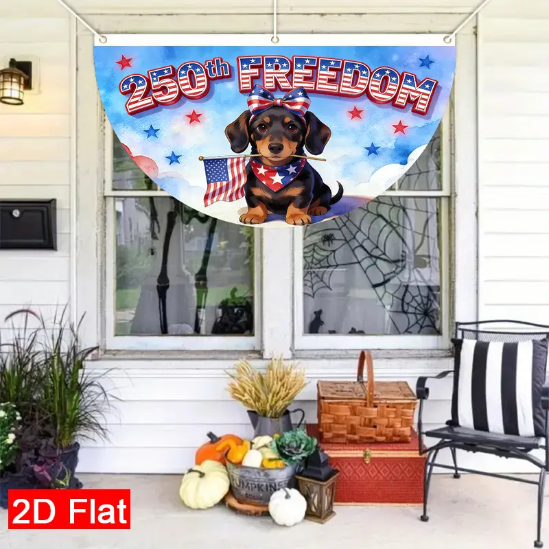 2D Flat Semi-Circle Dachshund Garden Flag, USA 250th Anniversary Patriotic (18*36in/45*90cm) - Outdoor Decor, Full-Width Single-Sided Printing, Fade-Resistant All-Season Durability, Equipped with 1 Roll of Rope, Independence July Memorial Holiday Backdrop