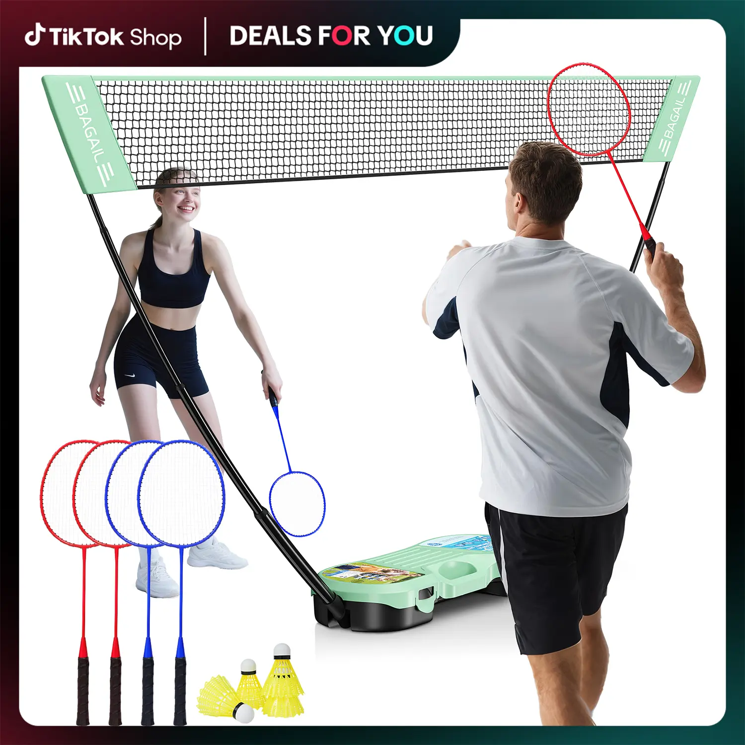 【Summer Wins】BAGAIL Portable Badminton Net Set - Storage Case - Freestanding Base - Quick Setup - Pop Up Badminton Net with 4 Rackets, 4 Shuttlecocks for Indoor & Outdoor Games, Backyard Family Fun