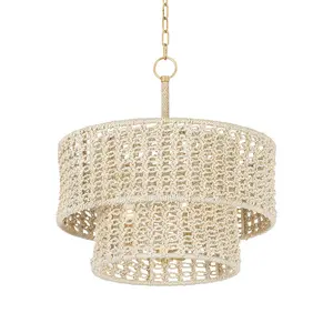 Yorkhill Pendant Light - Bohemian Macramé Design with Two-Tier Drum Shades and Vintage Gold Leaf Finish