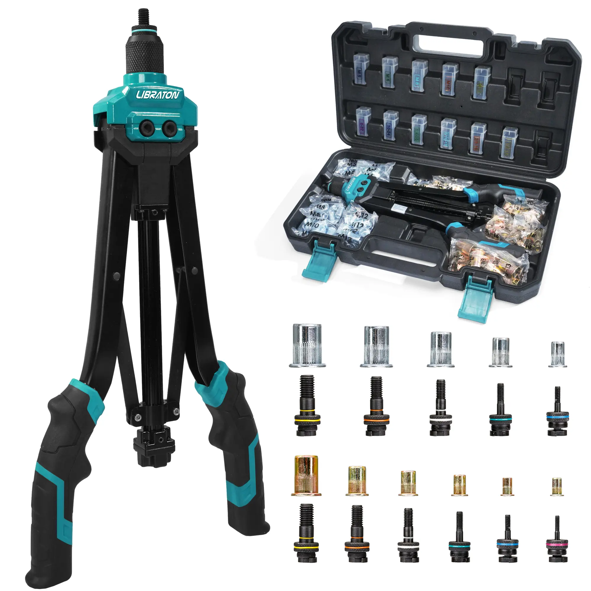 LIBRATON Rivet Nut Tool, 16" Rivnut Tool Kit, Hand Rivet Nut Tool kit with 11PCS Metric & SAE Interchangeable Mandrels, 110PCS Rivet Nuts, Carrying Case, Auto Release Nut Design