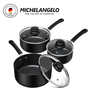 MICHELANGELO Ceramic Sauce Pan Set with Lid, Nonstick Saucepans, PFAS-FREE Pot Set, Multipurpose Cooking Pots Set, Black Ceramic Cookware