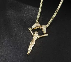 14K Gold-Plated Jesus Christ Pendant Necklace Unisex 3D Christ Pendant with Diamond Double Clasp 24-Inch Chain Religious Gold-Plated Jewelry Gift for Fashion Enthusiasts