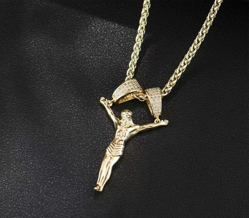 14K Gold-Plated 3D Christ Pendant Religious Design Necklace, Unisex Copper 24-Inch/60cm Chain with Diamond Double Clasp, Gift-Box Spiritual Jewelry for Fashion Enthusiasts