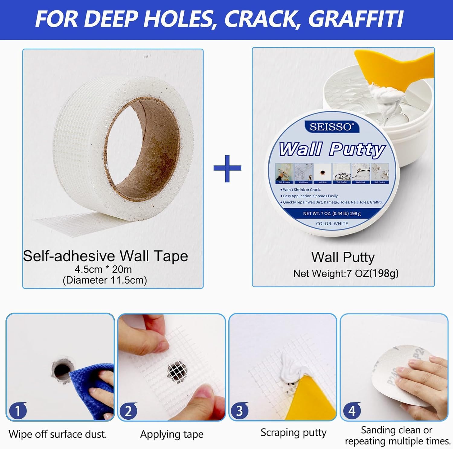 SEISSO Drywall Repair Kit, White- Wall Mending Agent 250 g* 2, Wall Repair Paste Plaster, 1 Pack Wall Putty, Repair Tape and Wall Repair Patch with 2inch 4inch, Quick Fill Crack and Nail Hole SEISSO Drywall Repair Kit, White- Wall Mending Agent 250 g* 2, Wall Repair Paste Plaster, 1 Pack Wall Putty, Repair Tape and Wall Repair Patch with 2inch 4inch, Quick Fill Crack and Nail Hole