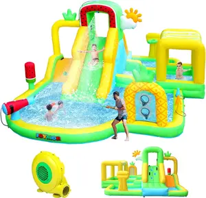 [Summervibes] JOYMOR Inflatable Water Slide for Kids,Fruit Tropical Watermelon & Pineapple Theme Inflatable Water Park with Shaded Splash Pool, Dual Slides & Games Backyard Summer Fun for Ages 3-8