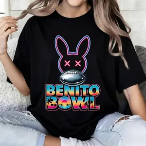 100% pure cotton Black T Shirt With Neon Bunny And Football Benito Bowl Print For Casual Wear