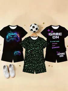 Boys' Gaming Theme 3-Piece Set, 3 Game Element Prints, Short Sleeve Shorts, Fashion Outdoor Sports, Birthday Gift, Holiday Gift