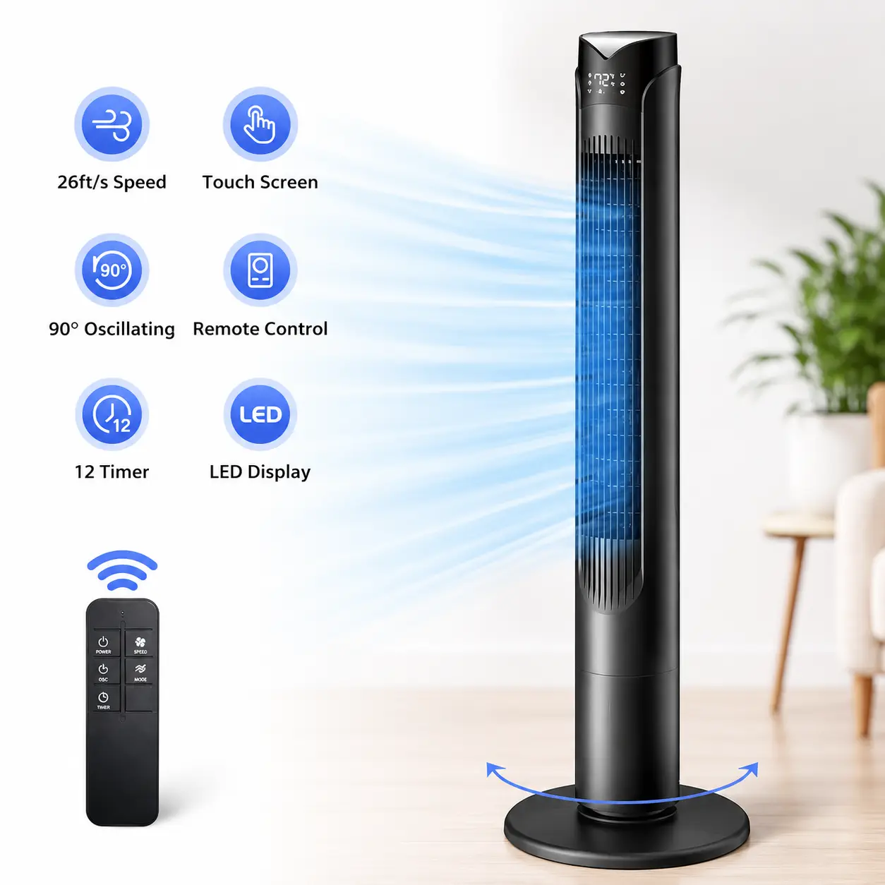 41-Inch Tower Fan, Oscillating Floor Fan with Remote, 3 Speeds & 3 Modes, 90° Wide-Angle Airflow, 12H Timer, LED Display, Quiet Cooling Fan for Bedroom, Dorm, Office & Home, Back to School