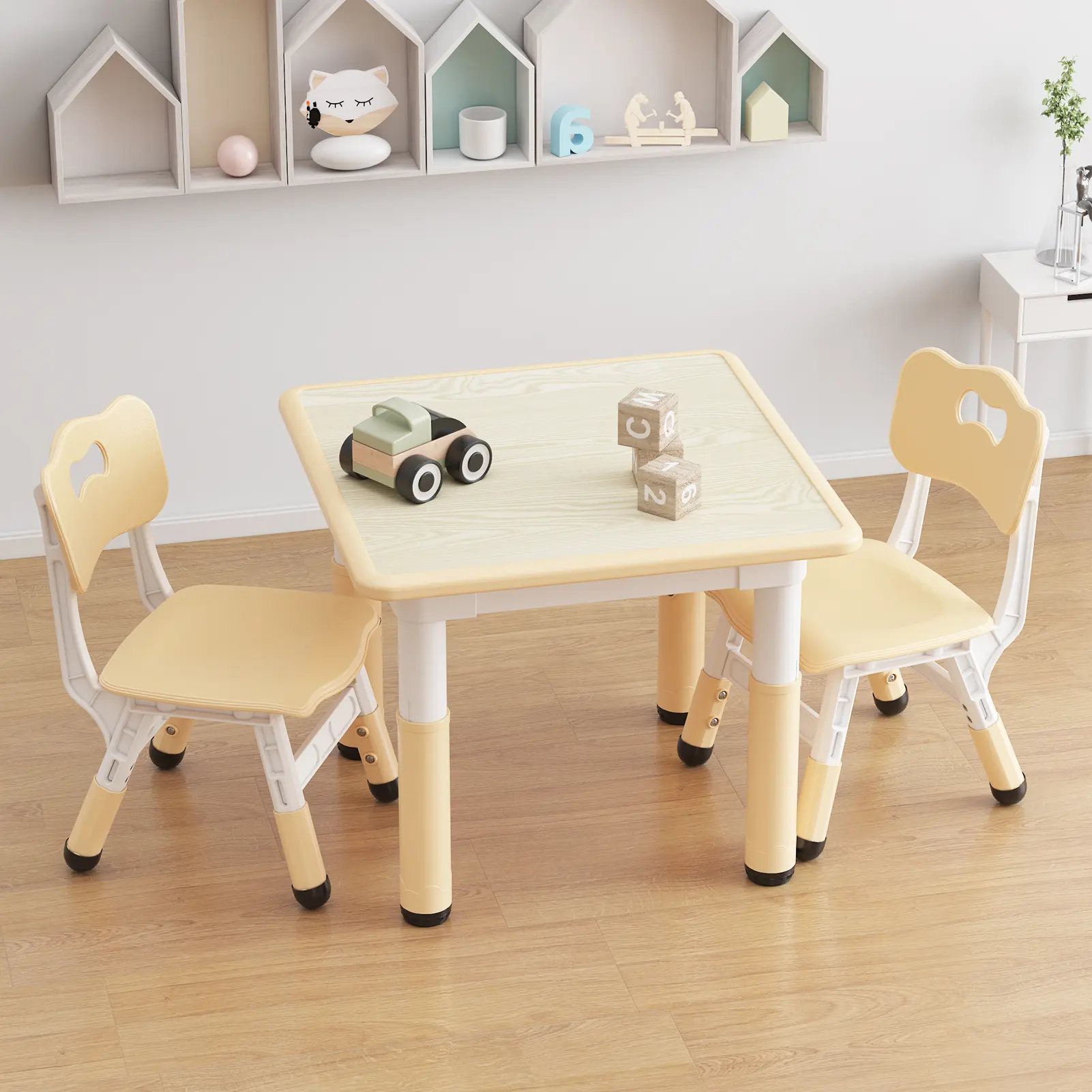 Kids Table and 2 Chairs Set with Graffiti Desktop, Height Adjustable Toddler Table and Chairs Set for Drawing, Reading, Playing, Eating, Natural Burlywood/Grey