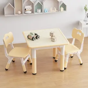 Kids Table and 2 Chairs Set with Graffiti Desktop, Height Adjustable Toddler Table and Chairs Set for Drawing, Reading, Playing, Eating, Natural Burlywood/Grey