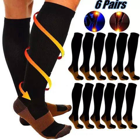 High Compression Copper Support Socks, 6 Pairs 20-30mmHg Graduated Colorblock Slouch Activewear Socks for Adults, 88% Nylon+12% Spandex, All Seasons, Daily Wear for Gentle Care & Sports Use, XXL Size,techvibes