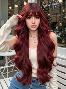 30 Inch Long Wavy Wig with Bangs, Natural Heat-Resistant Synthetic Hair for Glamorous Look, Perfect for Parties & Daily Wear, Stylist Friendly Wig