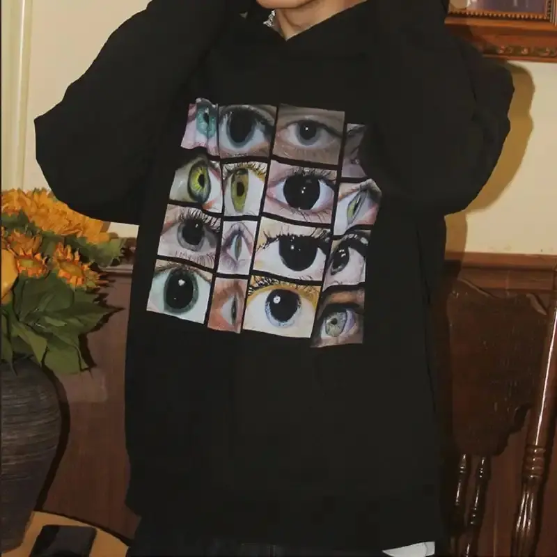 streetwear black hooded sweatshirt with eyes print Y2K pullover autumn cotton