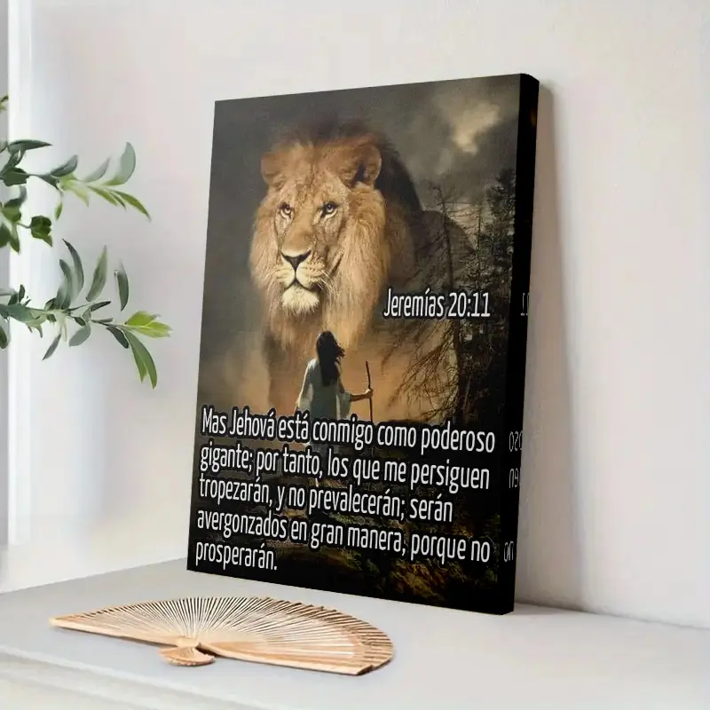Framed Canvas Print - "Jeremiah 20:11 Lion of Judah" Inspirational Bible Verse Poster with Spanish Bible, 11.8x15.7in/15.7x23.6in Wooden Wall Art, Modern Home Decor, Living Room Standing Wall Art