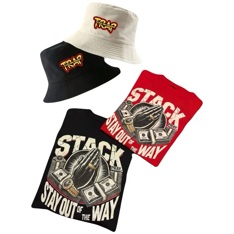 NEW TRAP Star Originals: Signature “STACK. PRAY. STAY OUT OF THE WAY.” Tees and Reversible Bucket