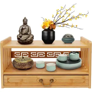 Meditation Altar with Drawer, 3 Tier Bamboo Coffee Table, Floor Puja Table for Prayers, Divination, Worship, Bamboo Furniture for Displaying Jars, Plants and Books, Wood Color