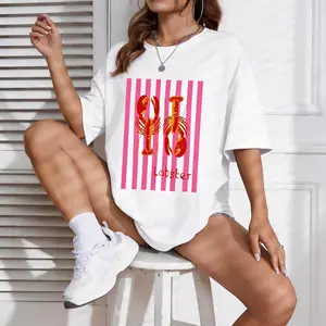 Women's Lobster Print Round Neck Tee, Casual Short Sleeve Crew Neck T-shirt for Daily Wear, Ladies Clothes for All Seasons, Top