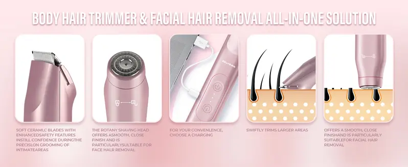 Product Introduction of Akunbem Bikini Trimmer for Women, Electric Shaver and Razor Rechargeable 2-in-1 Body and Facial Epilator, Dual Heads for Painless Trimming of Pubic Hair, Face, Underarms and Legs, IPX7 Waterproof. Christmas Gift New Year Gift Shaving Grooming 2