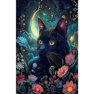 1PCS Enchanted Black Cat Diamond Painting Kit Moonlit Floral Design DIY Craft for Home Decor with Sparkl