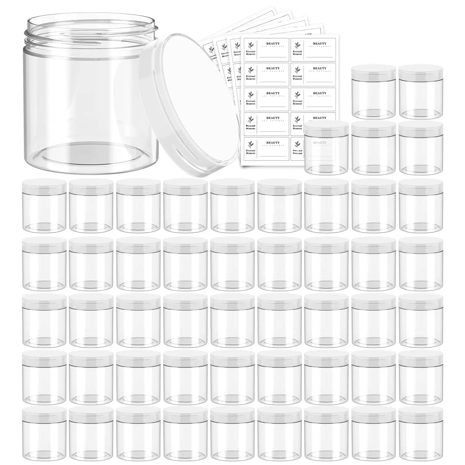 50 Pack 4 OZ Plastic Jars Round Clear  Container with Clear ,  Slime Jars for Lotion, Cream, Ointments, Makeup, Eye shadow, Rhinestone, Samples, Pot, Travel Storage