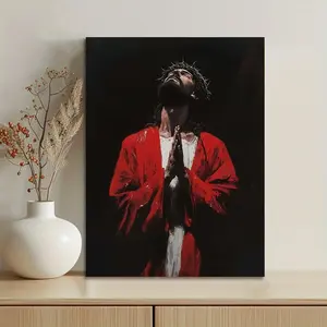 2D Flat Unframed Canvas Poster Print - Christ Praying in a Red Robe, Artistic Photo with Dramatic Black Background, Home Decor for Bedrooms, Living Rooms, Ideal Gift for Mother's Day, Valentine's Day