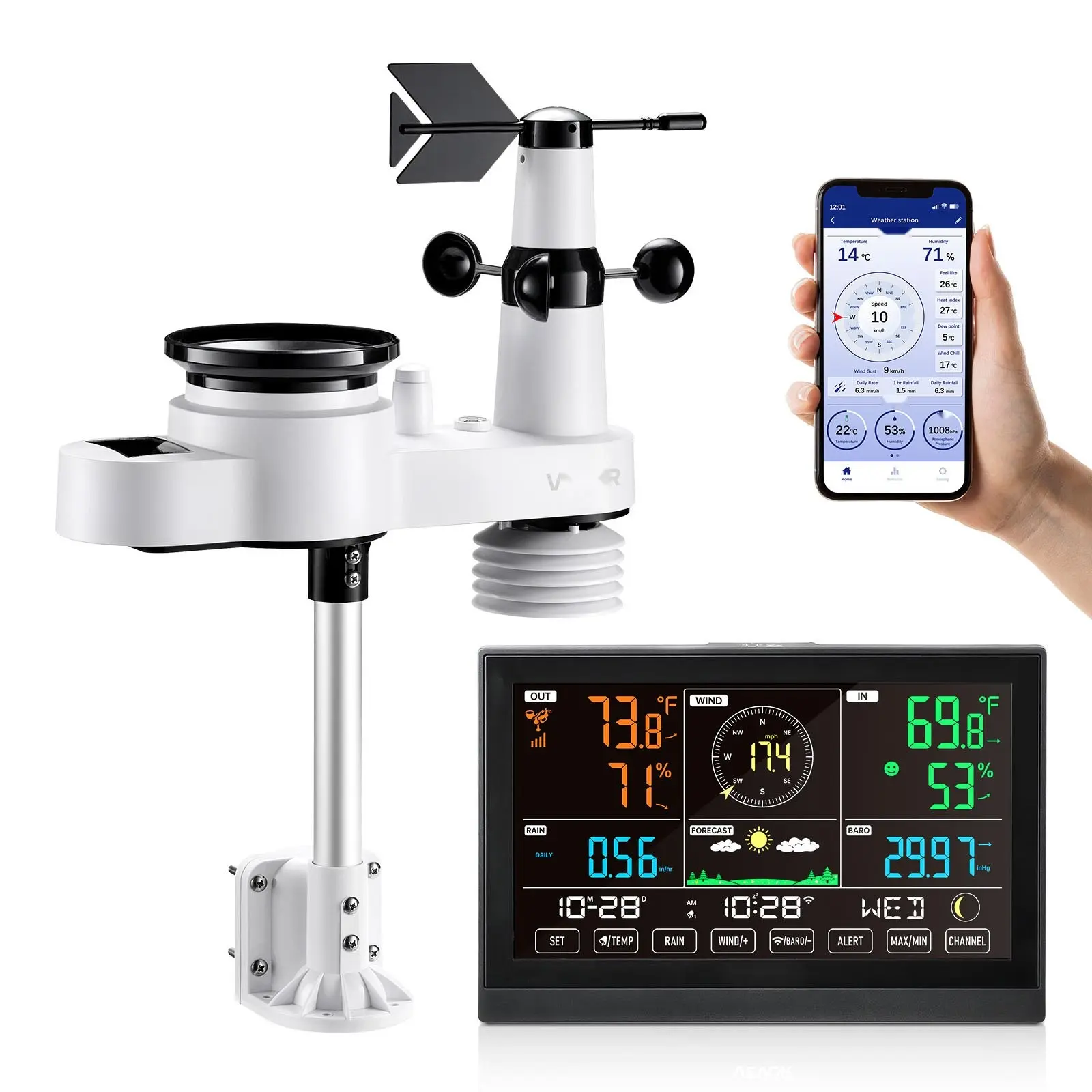 5-In-1 Wi-Fi Weather Station With 7.5-Inch VA Display And Wireless Outdoor Sensor, Indoor And Outdoor Weather Monitor For Real-Time Temperature Humidity Wind Speed Barometric Pressure, Remote Data Logging, Easy Setup