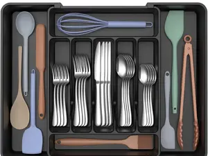 Extra Large Expandable Silverware Organizer BPA-Free Food-Safe Cutlery Flatware Holder for Spoons Forks Knives Adjustable Kitchen Utensil Drawer Organizer Black