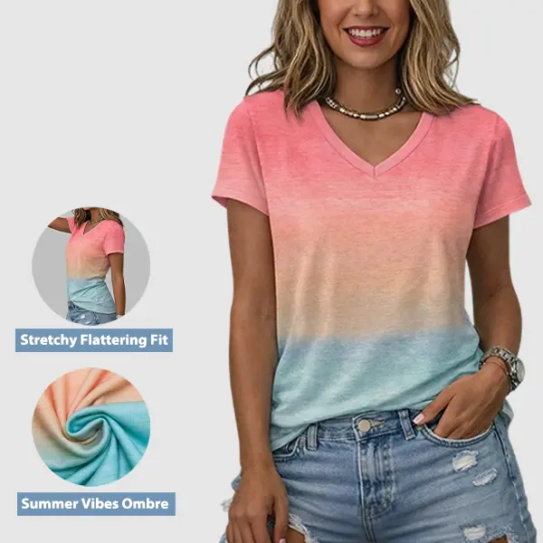 Flamingals Ombre V Neck Short Sleeve T-Shirt Womenswear Stretchy