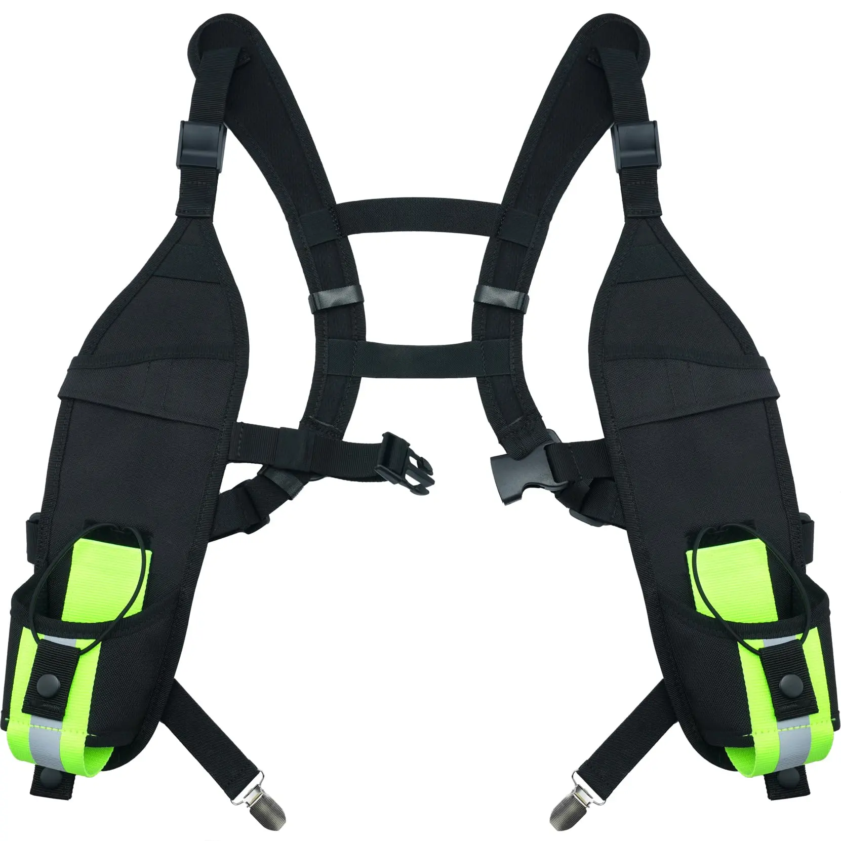KUNN Universal Double Radio Shoulder Harness Holster with Reflective Pocket,Two Way Radio Holder for Motorola,Baofeng, no Chest Strap Walkie Talkie Holder