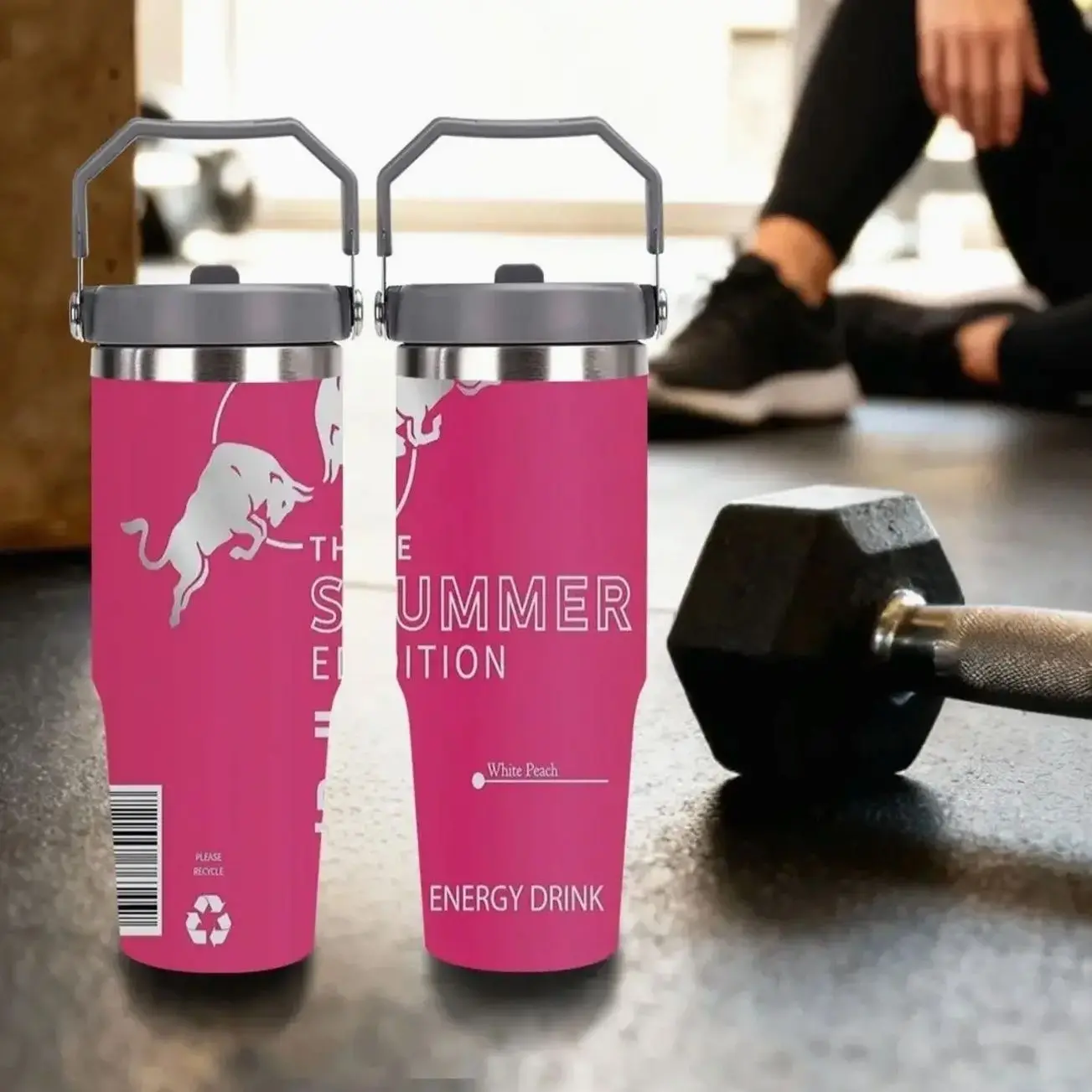 1pc 30oz Red Bull Stainless Steel Tumbler with Straw and Handle, Insulated, Long-Lasting Ice/Heat Retention, Trendy Design for Outdoor Activities, Detachable