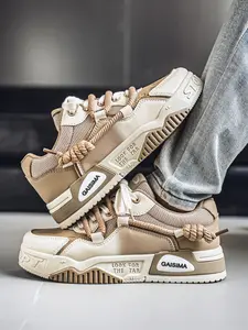 Men's Khaki-Off-White Color-Block Chunky Sneakers, Casual Retro Cool Style, Mesh & Leather Paneling + Hemp Rope Laces, Color-Block Elegant, Retro Eye-Catching, Ideal for Street Outfits & Daily Outings, Sports Shoes, Footwear