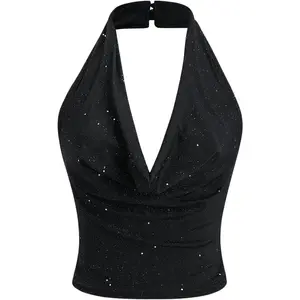 Women's Halter Top Sparkly Sexy Backless Party Crop Tops Club Rave Festival Outfits Black Womenswear Cowl Basic Minimalist Short Sleeveless tank tops summer tops weighted vests women dressy tops