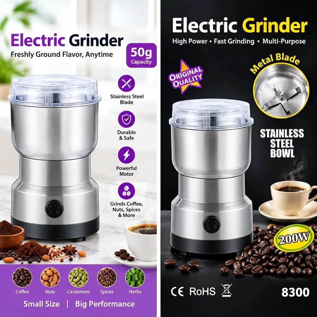 Electric Grinder (Model: 8300) – A compact, multi-purpose electric spice and coffee bean grinder. Electric Grinder (Model: 8300) – A compact, multi-purpose electric spice and coffee bean grinder.