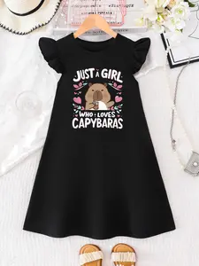 Girls' Fun Capybara Squirrel Milk Tea Graphic Print Dress, Casual Breathable Fitted Dress for Ages 4-12, Soft Cute Style