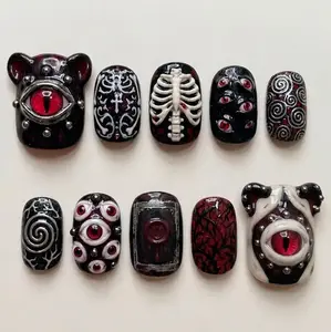 Handmade Gothic Horror Press On Nails | 3D Evil Eye & Skeleton Art | Dark Fantasy Red Black Almond Nail Set