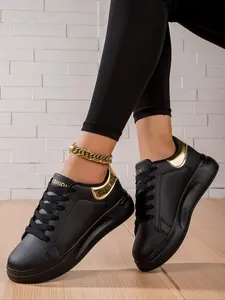 Women's Casual Skate Trainer Shoes, Thick Sole Height Increasing, Low Top Laced-Up, Plain Simple Design, Lightweight Comfortable, All Seasons, Walking Shoes