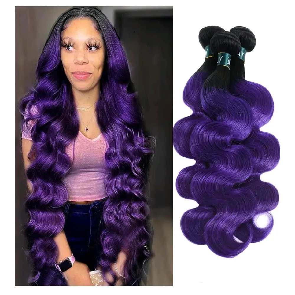 Purple Bundles Body Wave Human Hair Weave 3 Bundles Virgin Hair, Brazilian Remy Hair Ombre 1b/Purple 2 Tone Ombre Hair Wavy for Women(