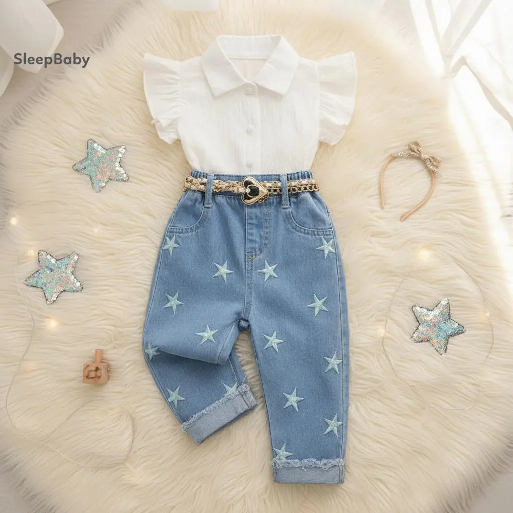 Baby Girls' 2-Piece Summer Casual Wear Gift Set - Polyester Star Print Flying Sleeve Lapel Collar Solid Vest Top, Elastic Waist Denim Pants (Baby Girls Clothing Outfits), Flying Sleeves, 12 - 18 Months, 18-24M
