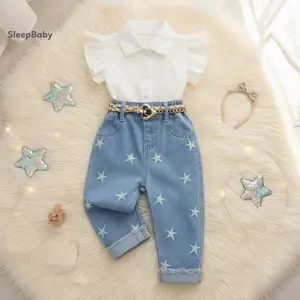 Toddler 2 Pcs Girls Summer Star-Embroidered Trousers Outfits Flying Sleeve Lapel Collar Solid Color Vest Tops And Elastic Waist Denim Pants Set