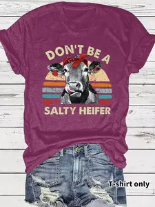 Women's Cow Print Round Neck Fitted Tee, Fashion Casual Crew Neck T-Shirt for Daily Holiday Vacation Outdoor Wear, Ladies Clothes for Summer, Womenswear Tops