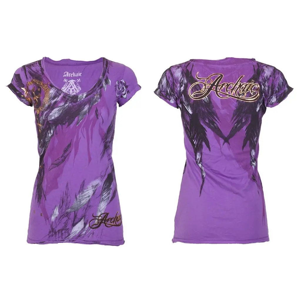 Archaic by Affliction Women's Short-Sleeve Custom Graphic T-Shirt - Beauty Queen Design, Cold Wash Safe, Casual All-Season Wear, Shortsleeve, Tshirt, Custom Graphic Tee, Lady, V-Neck, Streetwear